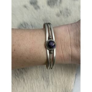 Sterling Silver Purple Dahlia Round Braided Dome Cuff Bracelet 925 Stacker